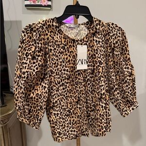 Zara Animal Print Puff Sleeve Blouse